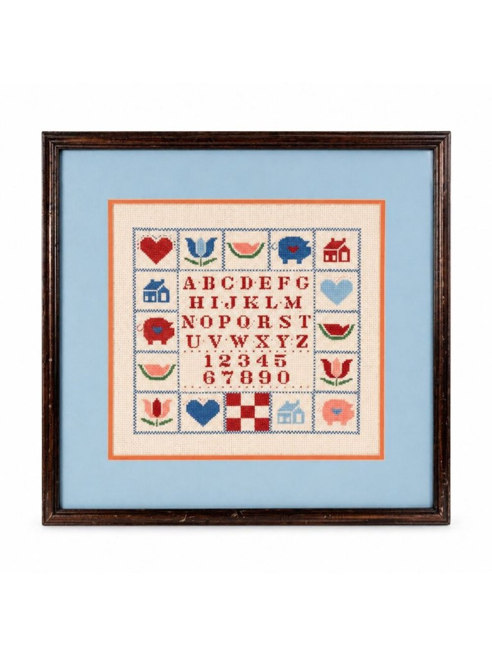 Framed Cross Stitch Sampler Alphabet Pig Heart Flower Watermelon Primitive Coun